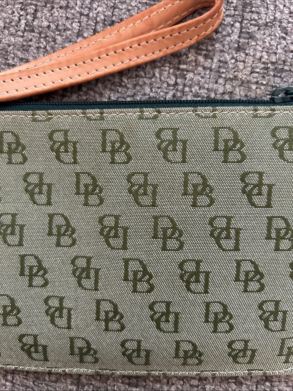 Dooney & Bourke Olive Green Monogram Wristlet with Tan Strap